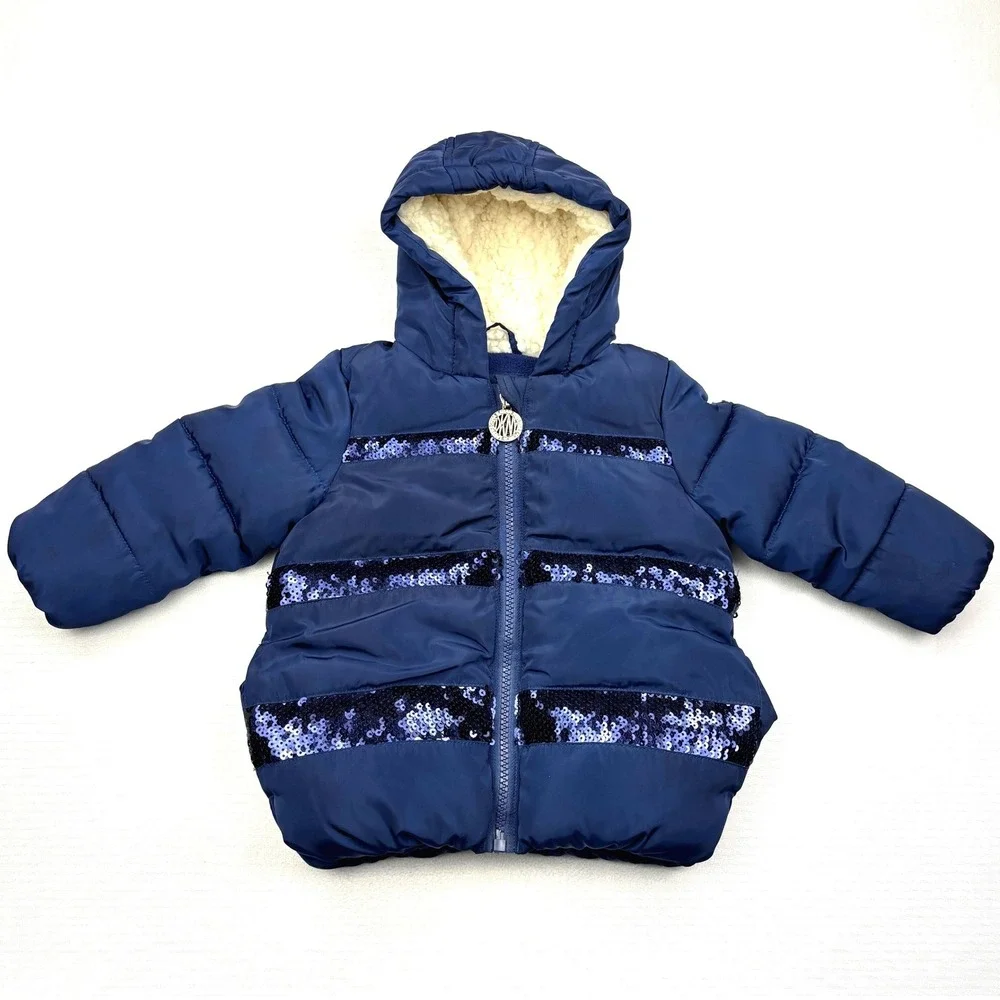 DKNY Puffer Jacket Baby Girls 12M Navy Blue Sequin Stripe Hooded Winter Coat